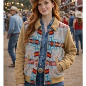 POWDER RIVER OUTFITTERS Aztec Natural Jacquard Bomber Jacket Size Small